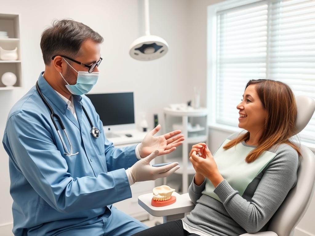 Dentista da OdontoGama orientando paciente sobre cuidados pós-operatórios