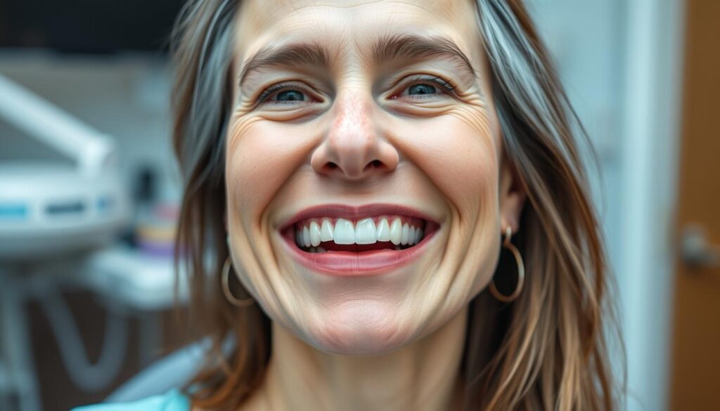 Paciente sorrindo após tratamento com implante zigomático na OdontoGama